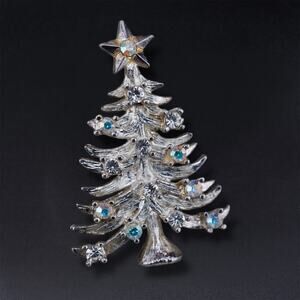 Vintage Eisenberg Ice Christmas Tree Brooch Silver Tone Clear AB Rhinestones 60s